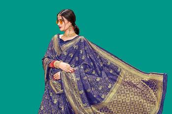 Dark blue woven banarasi silk saree with blouse 3