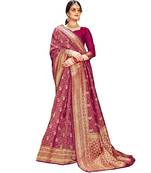 Pink woven banarasi silk saree with blouse