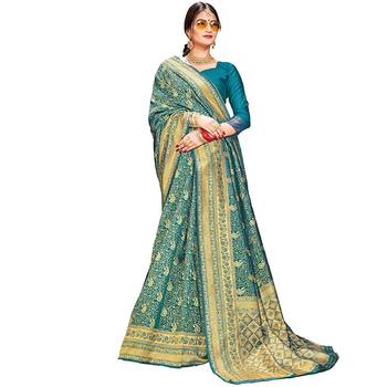 Turquoise woven banarasi silk saree with blouse 1