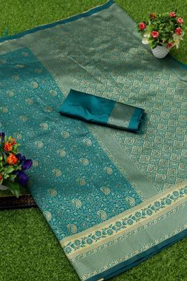 Turquoise woven banarasi silk saree with blouse 2
