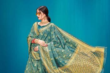 Turquoise woven banarasi silk saree with blouse 3