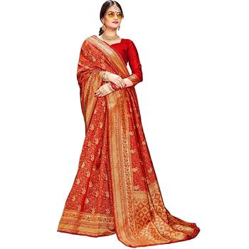 Red woven banarasi silk saree with blouse 1