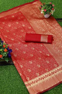 Red woven banarasi silk saree with blouse 2