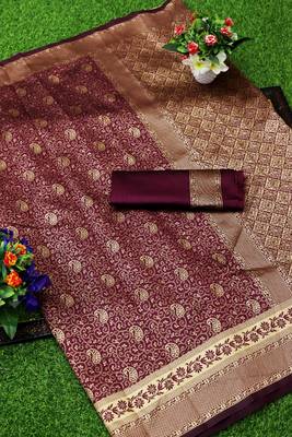 Wine woven banarasi silk saree with blouse 2