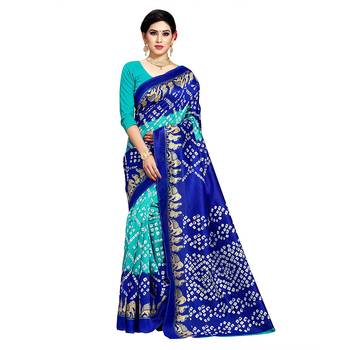 Blue printed art silk sarees saree with blouse 1