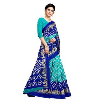Blue printed art silk sarees saree with blouse 2