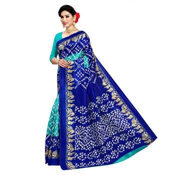 Blue printed art silk sarees saree with blouse 3