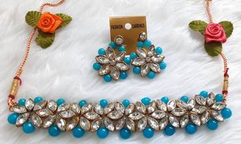 Golden Mother of Pearl Blue Chocker  Stone Kundan Set for Women & Girls 1