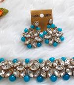 Golden Mother of Pearl Blue Chocker  Stone Kundan Set for Women & Girls