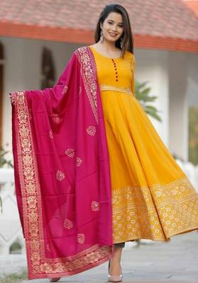 Designer Women's Rayon Gold Printed Anarkali Kurti With Banarasi Dupatta Set 1
