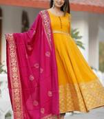 Designer Women's Rayon Gold Printed Anarkali Kurti With Banarasi Dupatta Set