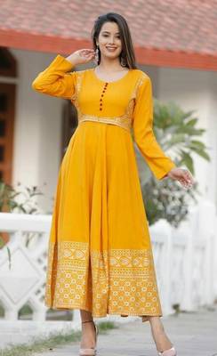 Designer Women's Rayon Gold Printed Anarkali Kurti With Banarasi Dupatta Set 2