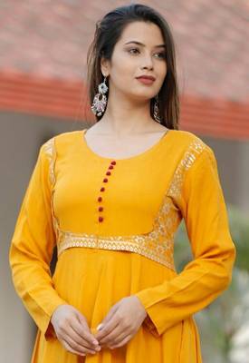 Designer Women's Rayon Gold Printed Anarkali Kurti With Banarasi Dupatta Set 3