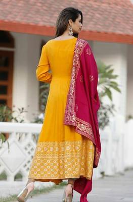 Designer Women's Rayon Gold Printed Anarkali Kurti With Banarasi Dupatta Set 4