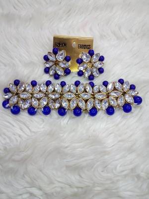 Classy Choker Style Ad Stone  Blue Necklace  Set  Gold Plated With matching Earrings 1