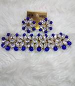Classy Choker Style Ad Stone  Blue Necklace  Set  Gold Plated With matching Earrings