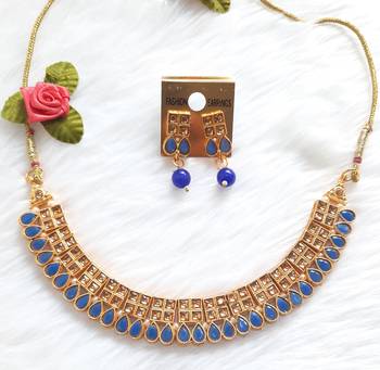 Classy Choker Style Ad Stone  Necklace  Set Blue Color Gold Plated Wedding With matching Earrings 1