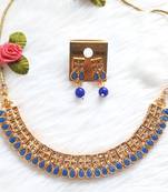 Classy Choker Style Ad Stone  Necklace  Set Blue Color Gold Plated Wedding With matching Earrings