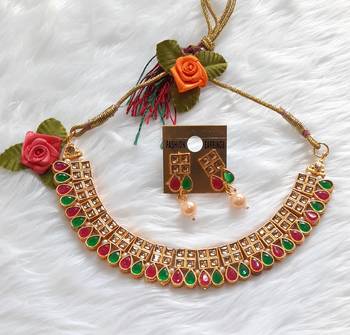 Classy Choker Style Ad Stone  Necklace  Set Multicolor  Gold Plated Wedding With matching Earrings 1