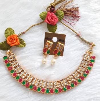 Classy Choker Style Ad Stone  Necklace  Set Multicolor  Gold Plated Wedding With matching Earrings 1