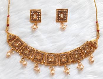 New fashion  Choker Style Ad Stone Pearls   Necklace  Set  Gold Plated Wedding With matching Earrings For Women & Girls 1