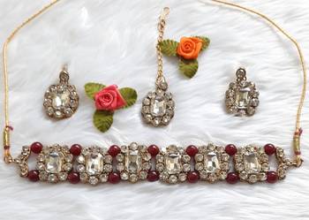 Elegent Choker Style Pearls Necklace  Set Stone Maroon Wedding daily use For Women & Girls 1