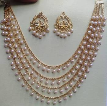 Amazing Gold Plated Wedding Jewellery  Layered Chain With Pearls Necklace  Set With Matching Earrings For Women & Girls 1