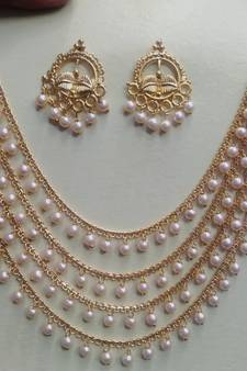 Amazing Gold Plated Wedding Jewellery  Layered Chain With Pearls Necklace  Set With Matching Earrings For Women & Girls