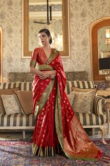 Red woven banarasi saree with blouse