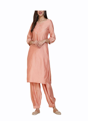 pink silk kurti with pajama set 1
