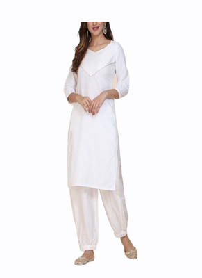 white silk kurti set with quarter sleeve style 1