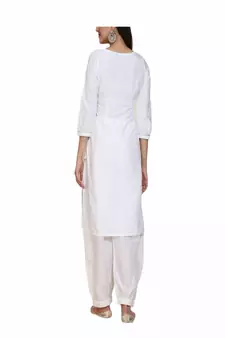 white silk kurti set with quarter sleeve style
