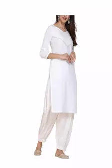 white silk kurti set with quarter sleeve style