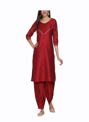 red silk kurti with pajama set 1