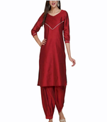 Red plain silk long-kurtis