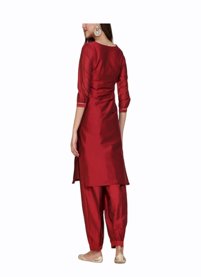 red silk kurti with pajama set 2