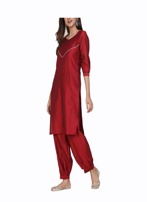 red silk kurti with pajama set 3