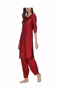 red silk kurti with pajama set