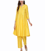 Yellow plain rayon long-kurtis