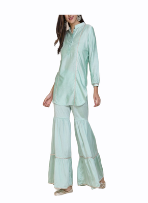 sky blue silk blend long kurti with minimal style 1