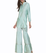 Sky-blue plain silk long-kurtis