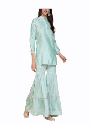 sky blue silk blend long kurti with minimal style 3