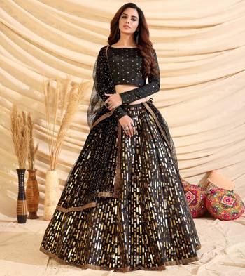 Black Pigment Foil Printed Taffeta Silk Semi Stitched Partywear lehenga 1