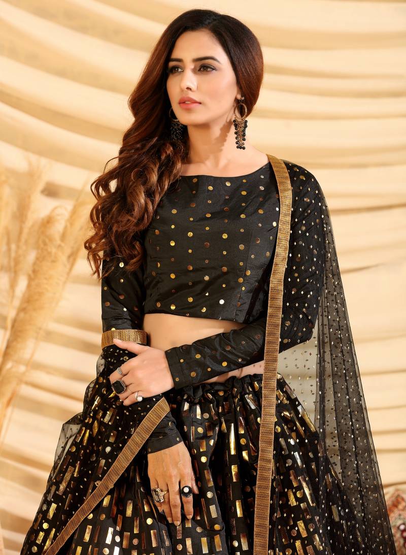 Black Pigment Foil Printed Taffeta Silk Semi Stitched Partywear lehenga