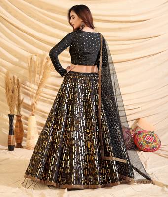 Black Pigment Foil Printed Taffeta Silk Semi Stitched Partywear lehenga 4