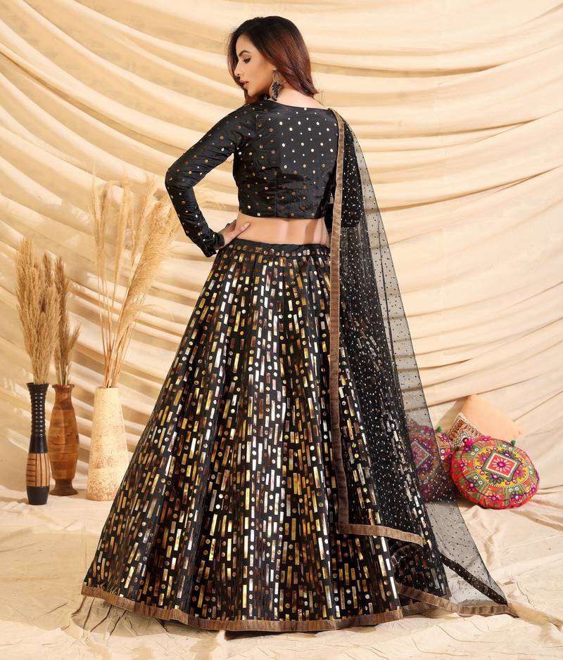 Black Pigment Foil Printed Taffeta Silk Semi Stitched Partywear lehenga