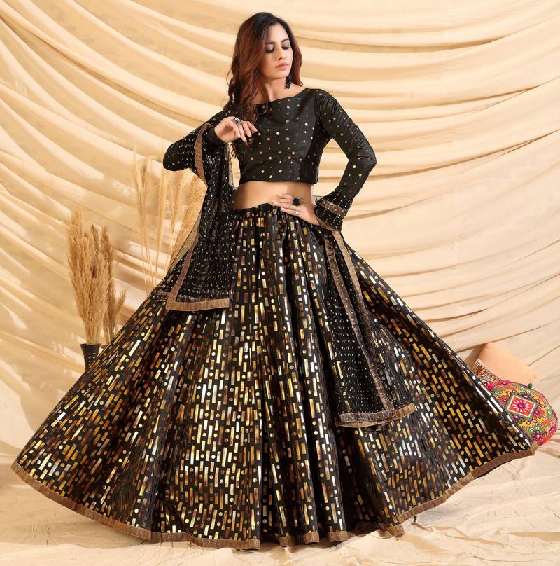 Black Pigment Foil Printed Taffeta Silk Semi Stitched Partywear lehenga
