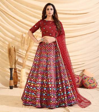 Maroon Pigment Foil Printed Taffeta Silk Semi Stitched Partywear lehenga 1