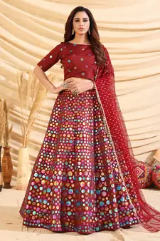 Maroon Pigment Foil Printed Taffeta Silk Semi Stitched Partywear lehenga