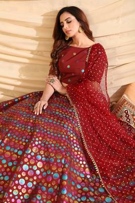 Maroon Pigment Foil Printed Taffeta Silk Semi Stitched Partywear lehenga 2